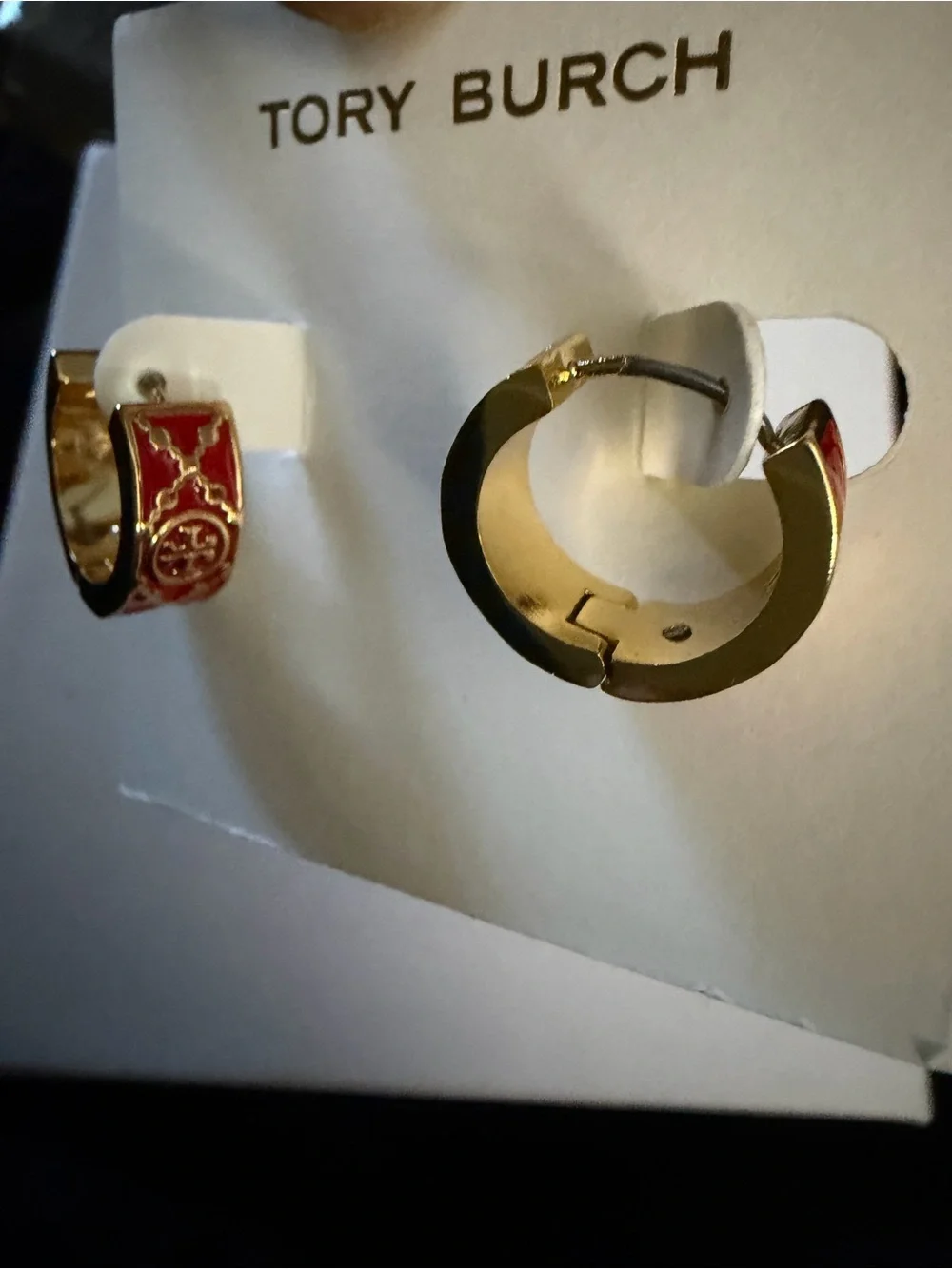 Tory Burch Gold Hoop Earrings with Red Enamel Trim